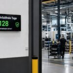 Kompakte Skyleds Unfallfreie Tage Anzeige mit 128 Tagen in einer modernen Produktionshalle