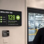 Kompakte Skyleds Unfallfreie Tage Anzeige im Zugang zu einer modernen Produktionshalle
