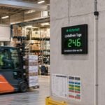 Kompakte Skyleds Unfallfreie Tage Sicherheitsanzeige in einem Logistiklager mit Gabelstapler