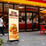 Outdoor LED Mobile Videowall als Werbedisplay vor einem Restaurant im Außenbereich