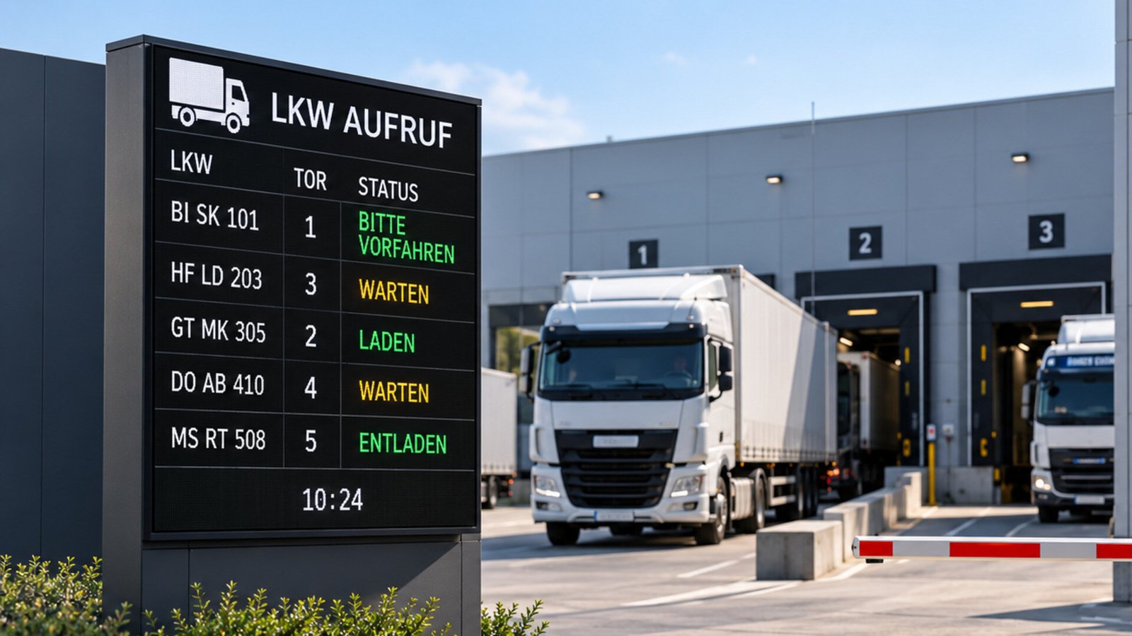 LKW-Aufrufanzeige mit Tor- und Statusinformationen an einem modernen Logistik-Yard