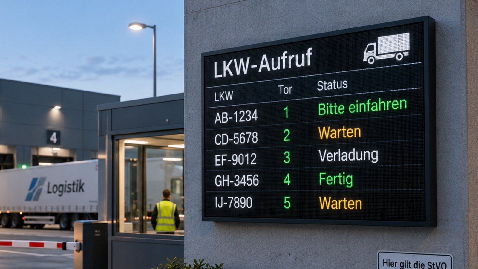 Kompakte LKW-Aufrufanzeige mit Fahrzeugstatus neben einem Logistik-Wartebereich