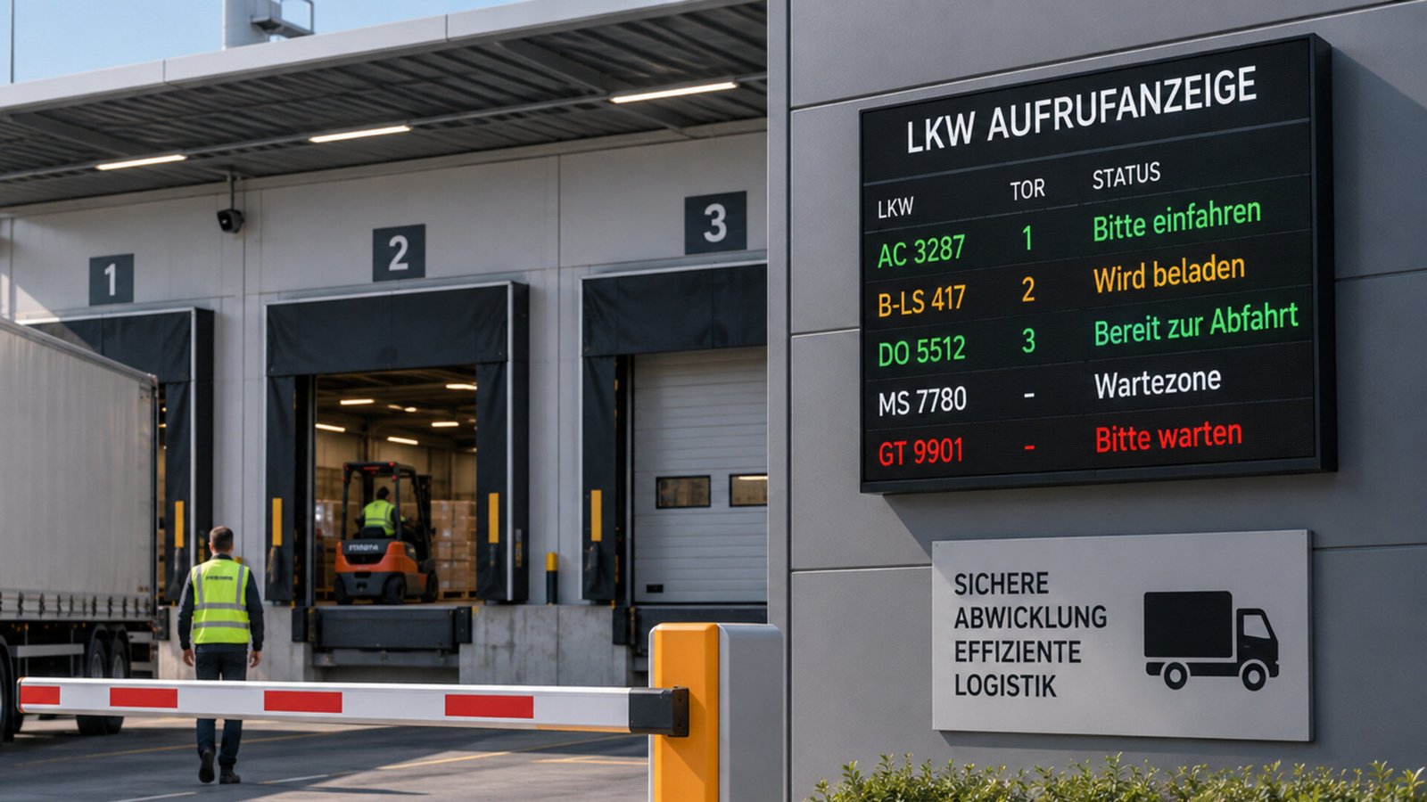LED LKW-Aufrufanzeige neben Ladebuchten mit Torzuweisung und Status