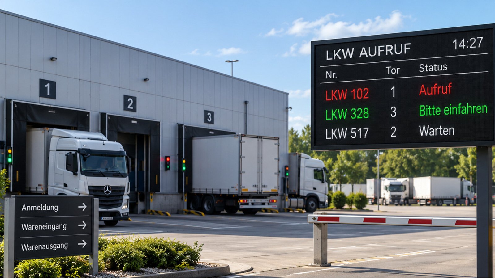 LKW-Aufrufanzeige an einem Logistikstandort mit mehreren Ladebuchten und Fahrzeugen