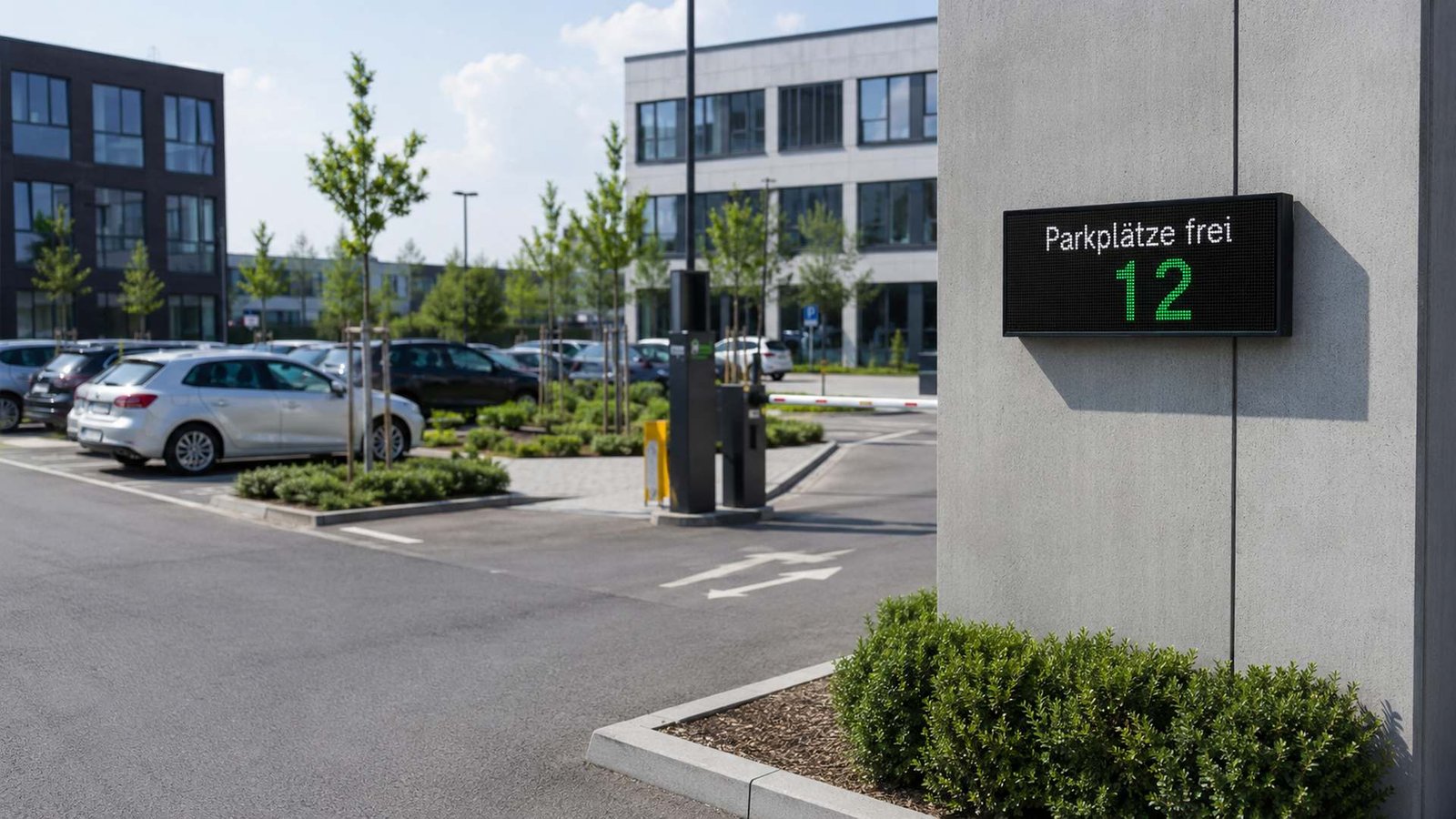Digitale Skyleds Parkplatzanzeige in einer Tiefgarage mit freien Plätzen und Richtung