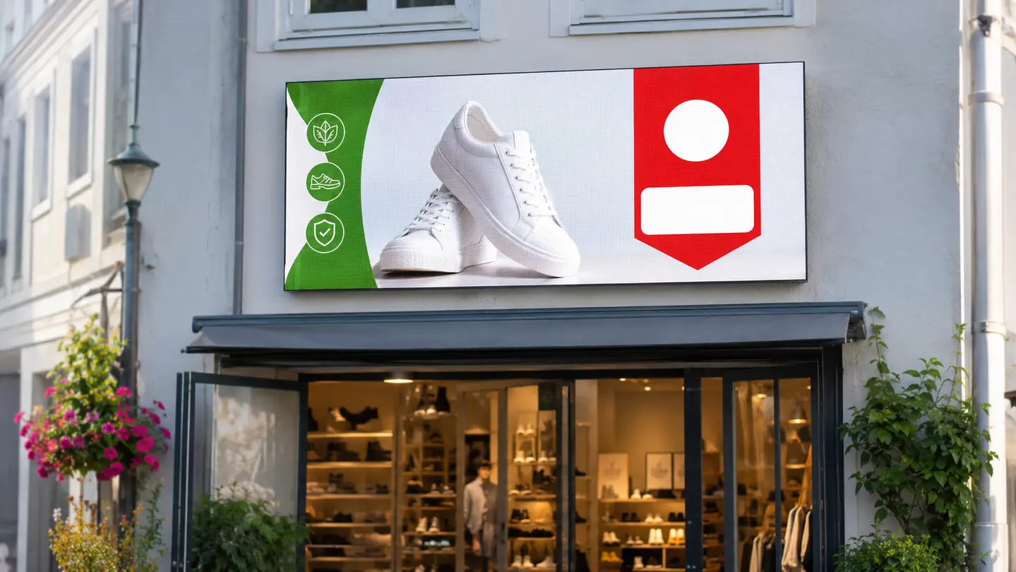 LED Display 128×64 cm mit Kundenwerbung vor einem Geschäft