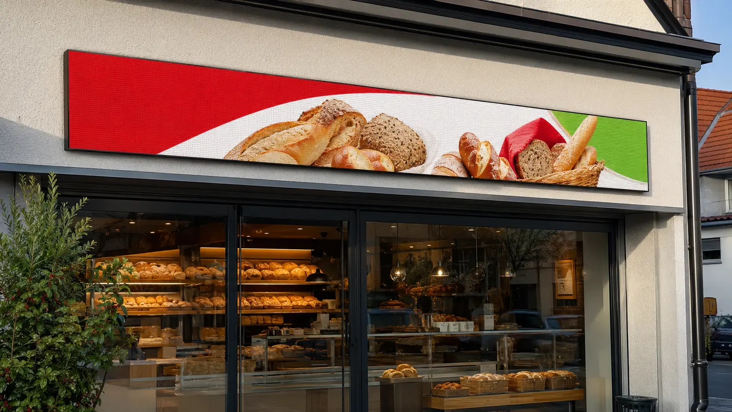 LED Laufschrift 192×32 cm mit Kundenwerbung an einer Geschäftsfassade