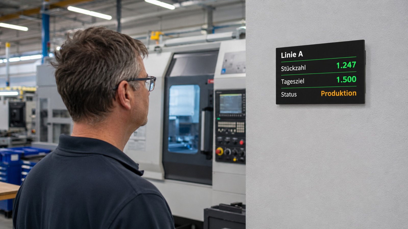 Andon Board mit Linienstatus, Materialbedarf und Störmeldung neben einer Produktionsmaschine