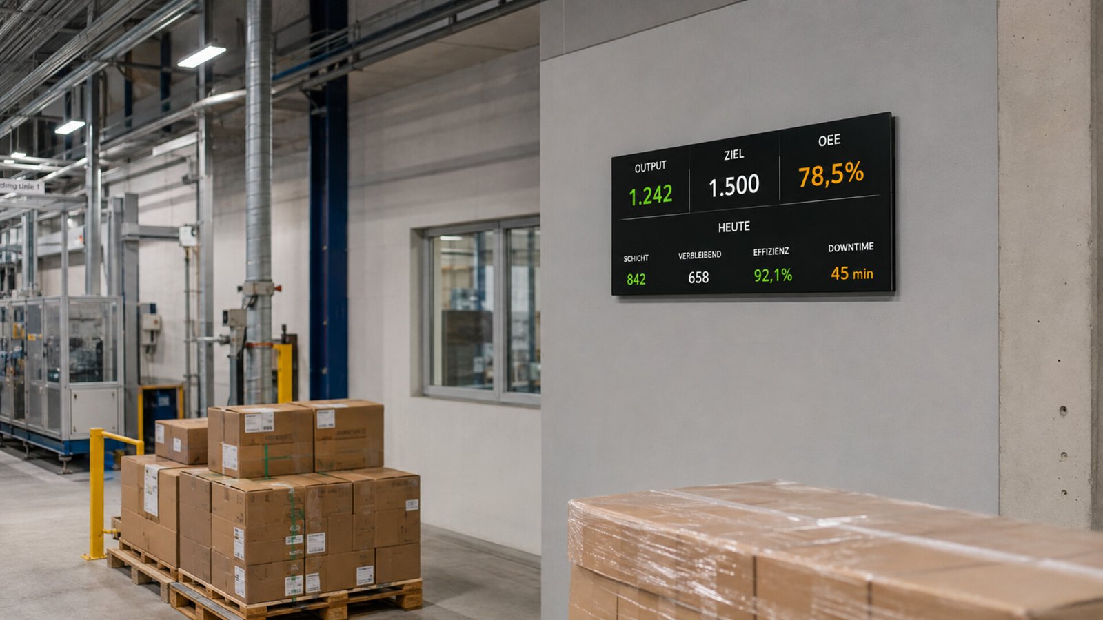 Andon Board mit RUN STOP Störung und Wartungsstatus in einer Industriehalle