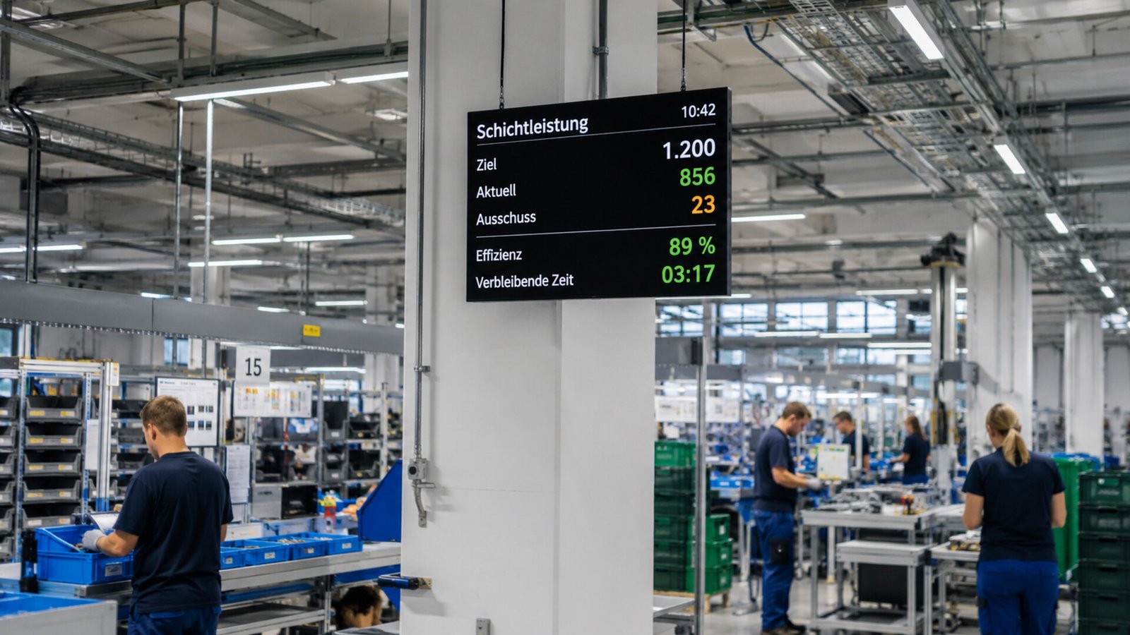 Andon Board mit Linienstatus, Störmeldung und Priorität in einer Fertigung