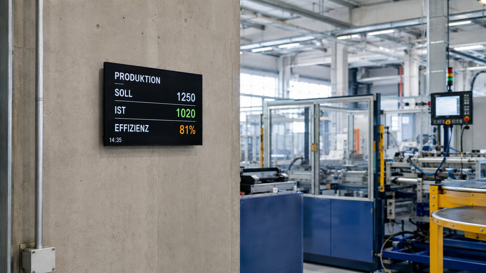 Andon Board mit Maschinenstatus, Störung und Materialbedarf in einer Produktionshalle