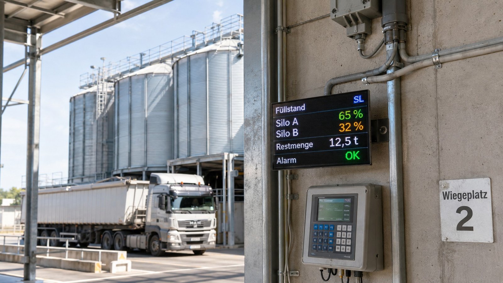 Kompakte LED Anzeige mit Silo-Füllstand und Nachfüllstatus in einer Produktionsanlage