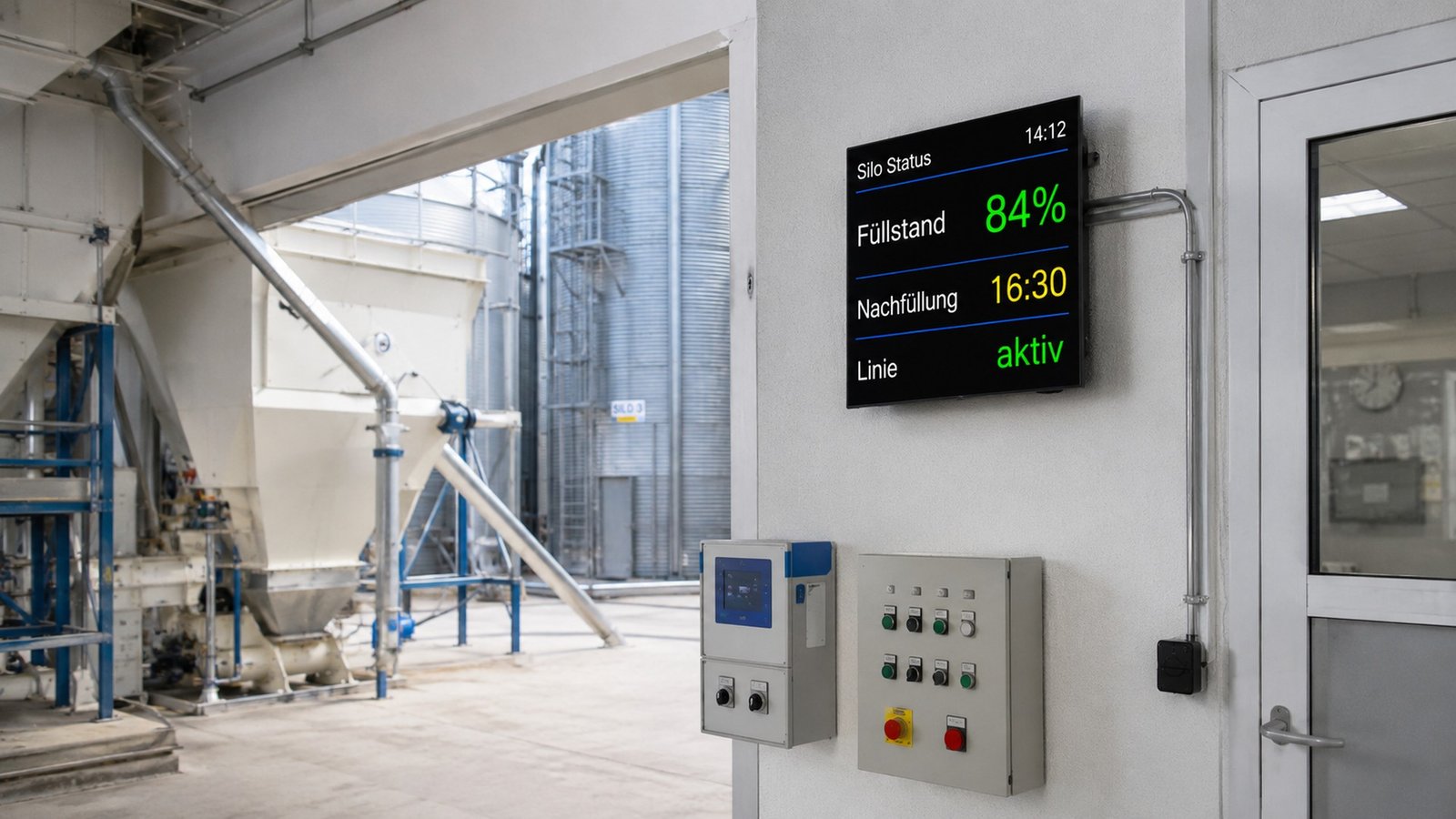 LED Füllstandsanzeige mit Silo A Silo B Restmenge und Status an einer Industrieanlage