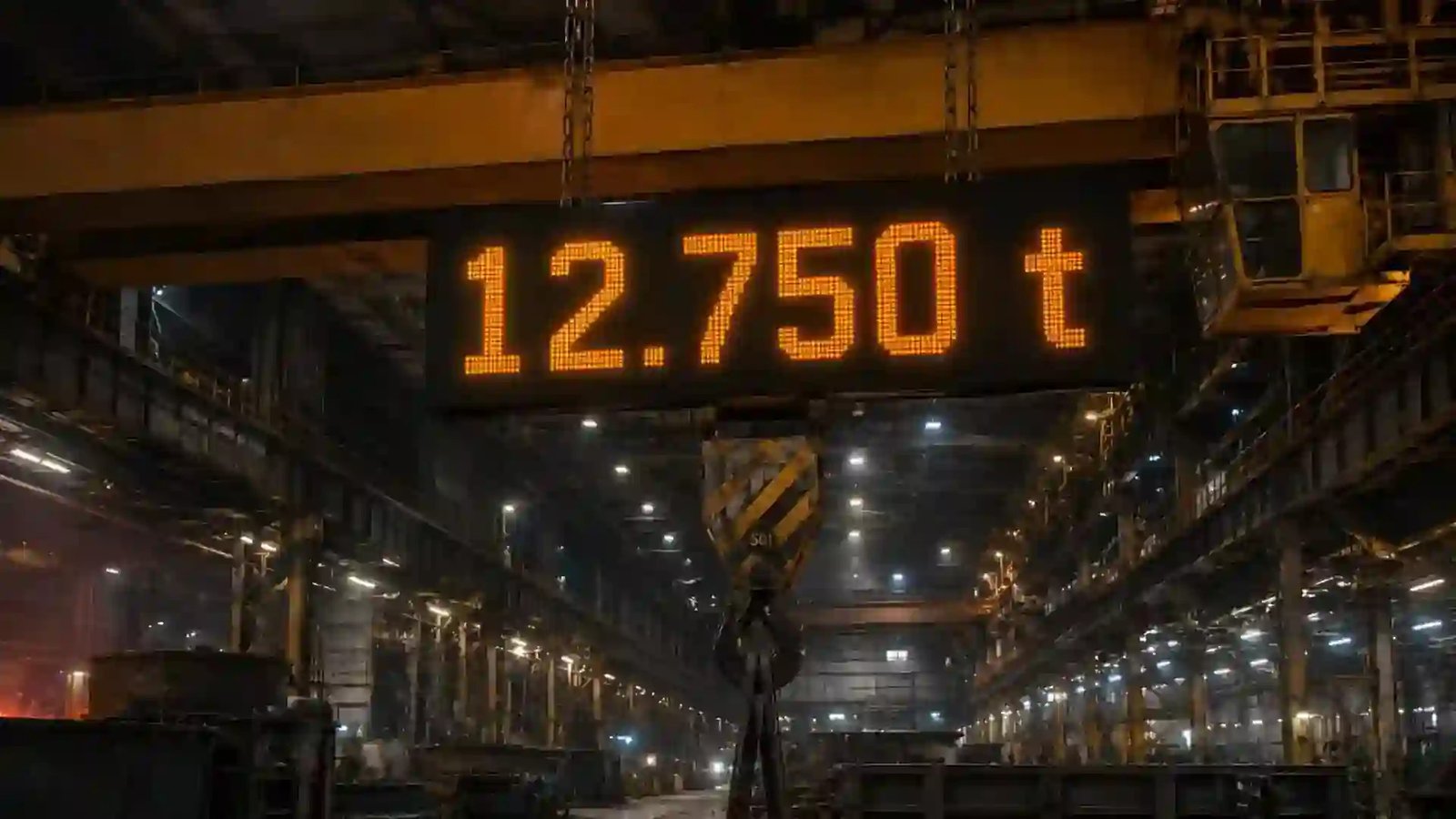 Schwerlastkran mit großer rahmenloser LED-Lastanzeige in einer Industriehalle