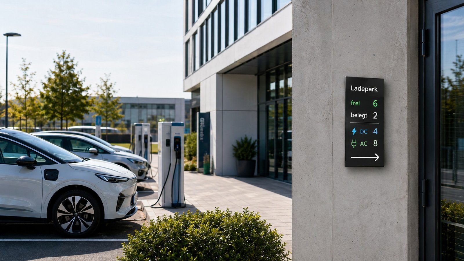 Kompakte Ladepark-Anzeige an einem Bürogebäude mit E-Ladestationen
