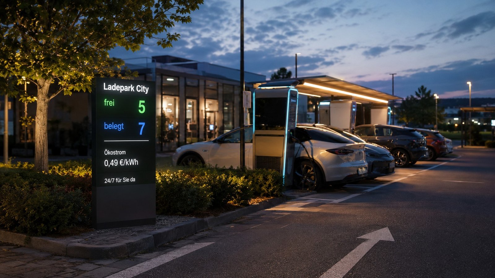 Kompakte Ladepark-Preisanzeige mit Tarif und Belegung an einem Ladepark bei Nacht