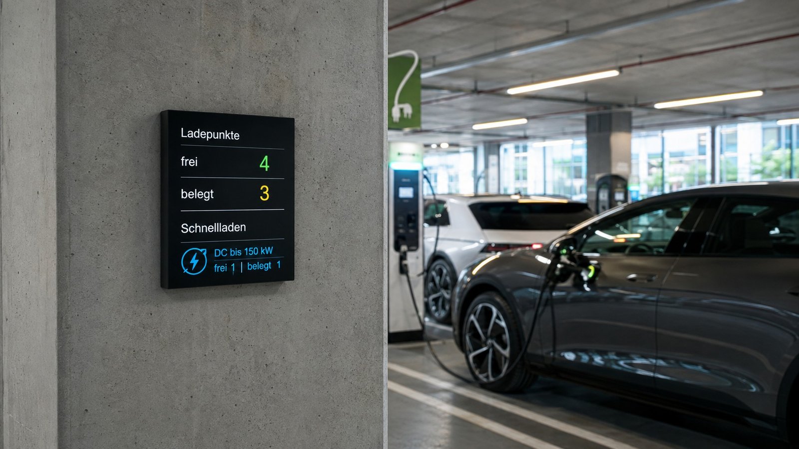 Ladepark-Anzeige im Parkhaus mit freien und belegten Ladepunkten