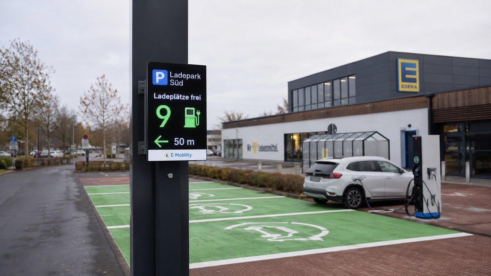 LED Ladepark-Anzeige mit freien Ladeplätzen vor einem Handelsstandort