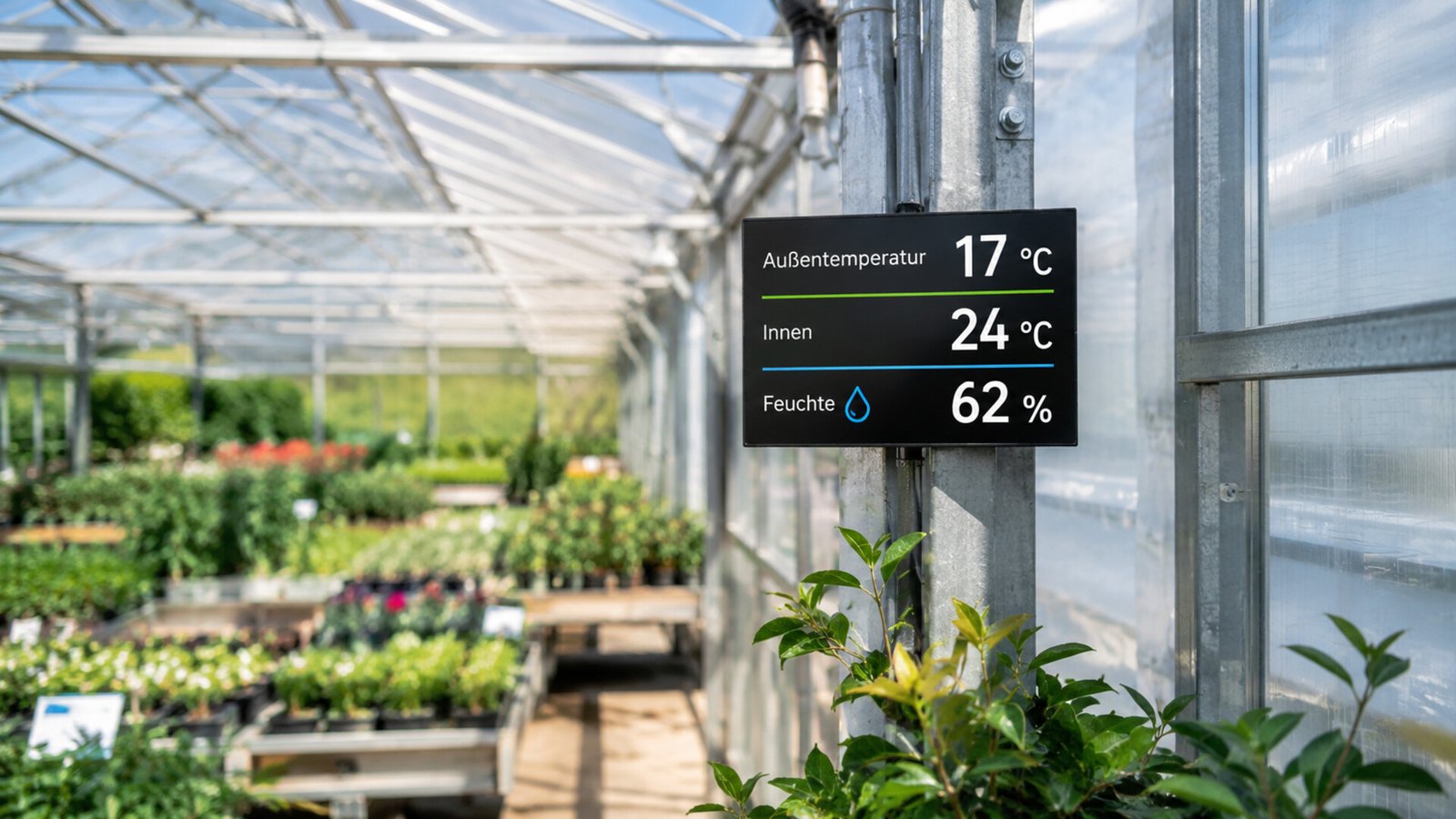 Kompakte Prozessanzeige mit Außen- und Innentemperatur sowie Feuchte in einem Gewächshaus