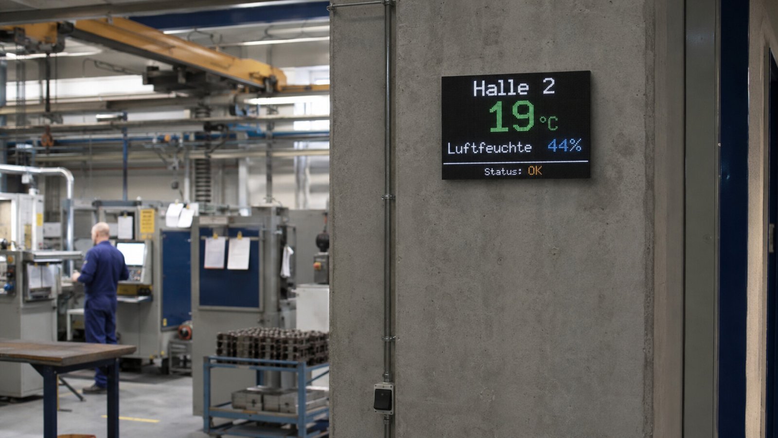 LED Prozessanzeige mit Temperatur Luftfeuchte und Status in einer Produktionshalle
