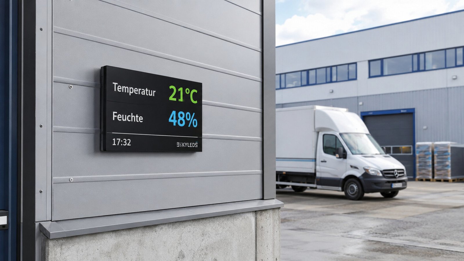 Kompakte LED Prozessanzeige mit Temperatur und Luftfeuchte an einem Industriegebäude