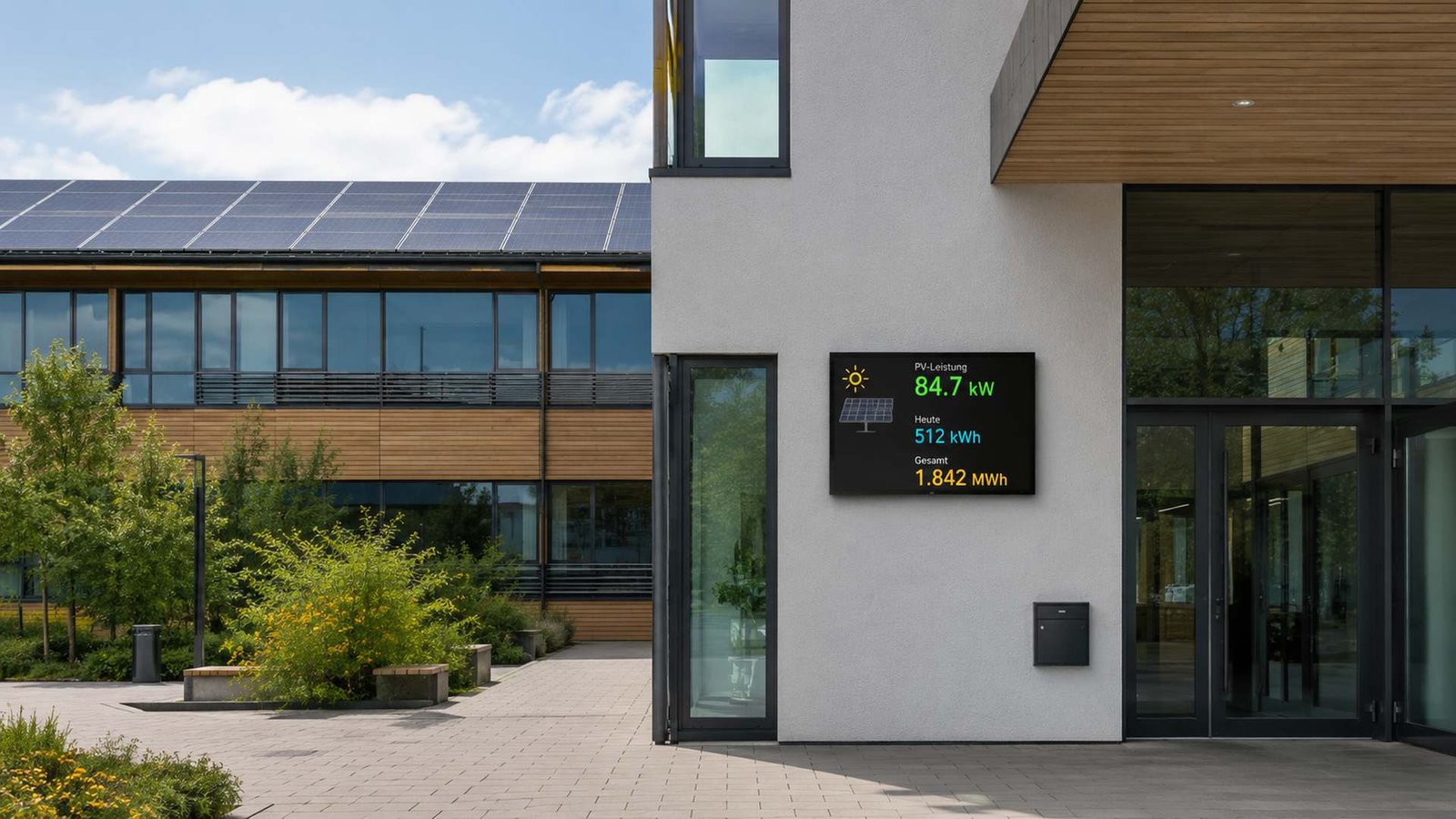 Kompakte Skyleds PV-Ertragsanzeige an einer modernen Gebäudefassade mit Solaranlage