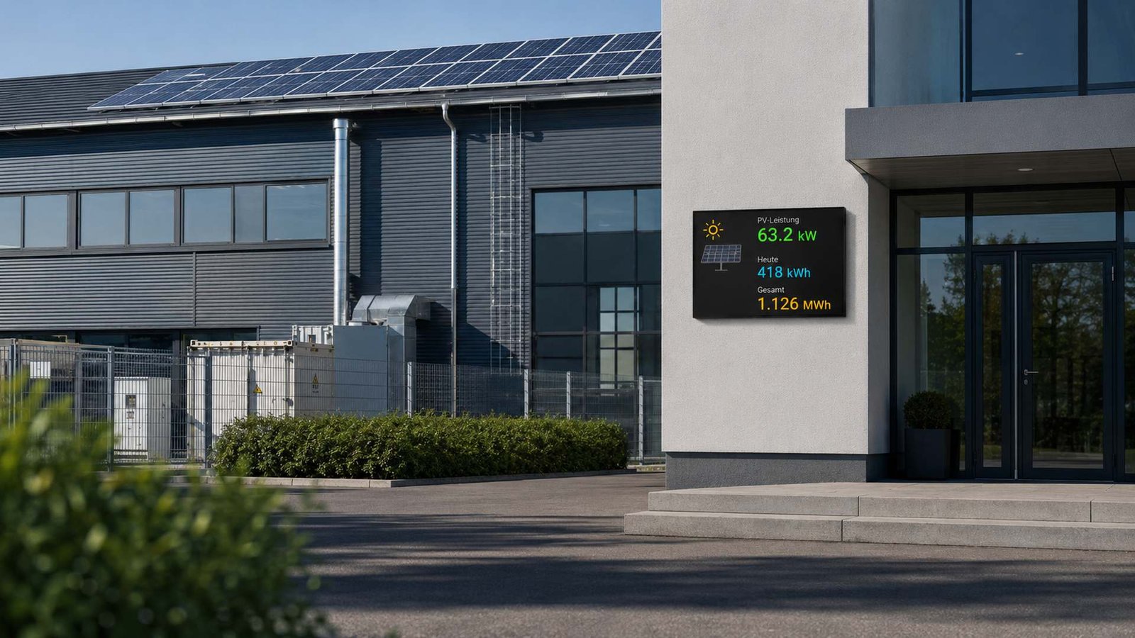 Kompakte Skyleds PV-Ertragsanzeige an einem Industriegebäude mit Photovoltaikanlage