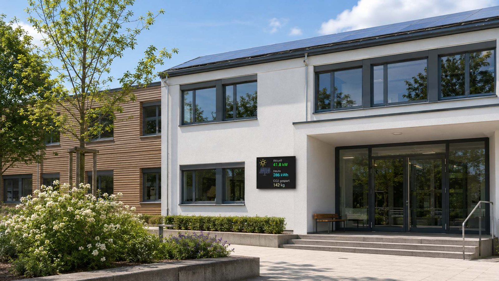 Kompakte Skyleds PV-Ertragsanzeige an einem modernen Gebäude mit Solarpanels