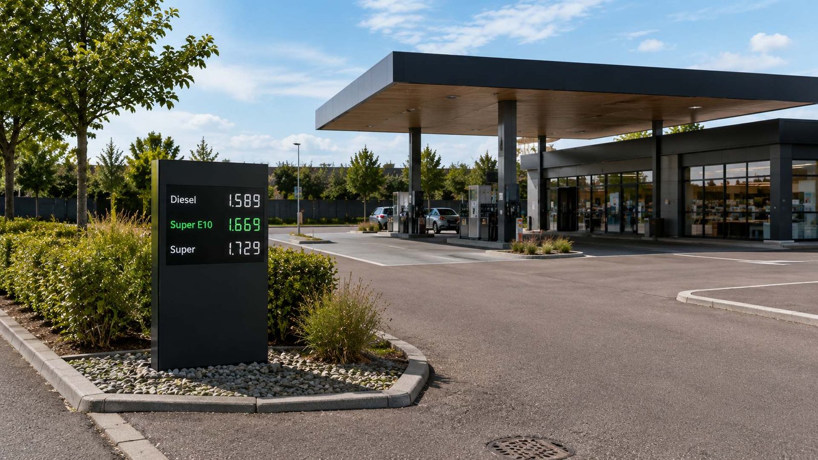 Tankstelle mit LED Anzeige als Referenz für Preismast und Preisdisplay