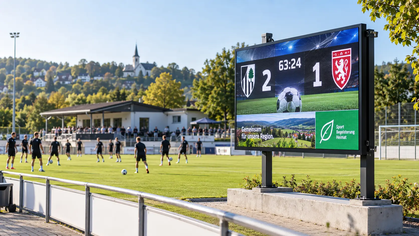 Fußballplatz mit moderner LED Anzeigetafel für einen Sportverein in NRW