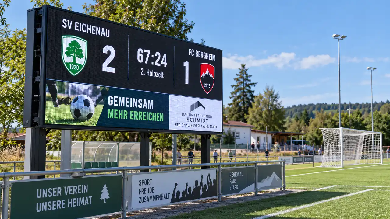 Große Full-Color LED Fußball Anzeigetafel mit Spielstand und Sponsorenbereich