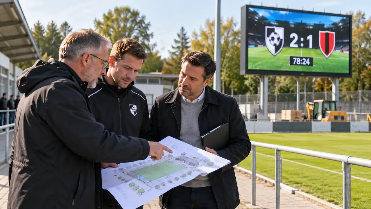 Vereinsverantwortliche planen die Modernisierung eines Fußballplatzes mit LED Anzeigetafel